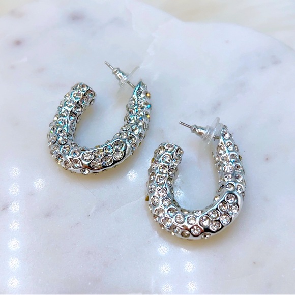 Silver crystal pave huggie earrings 1.25” 🌟 gorgeous lightweight - Picture 5 of 9